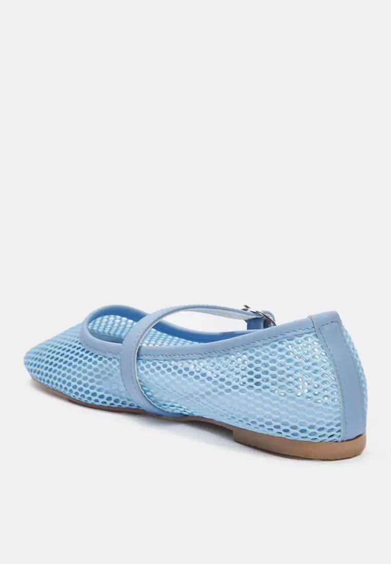 Baby Blue Mesh Detailed Round Toe Mary Jane Women's Ballerinas Takss24Be00000