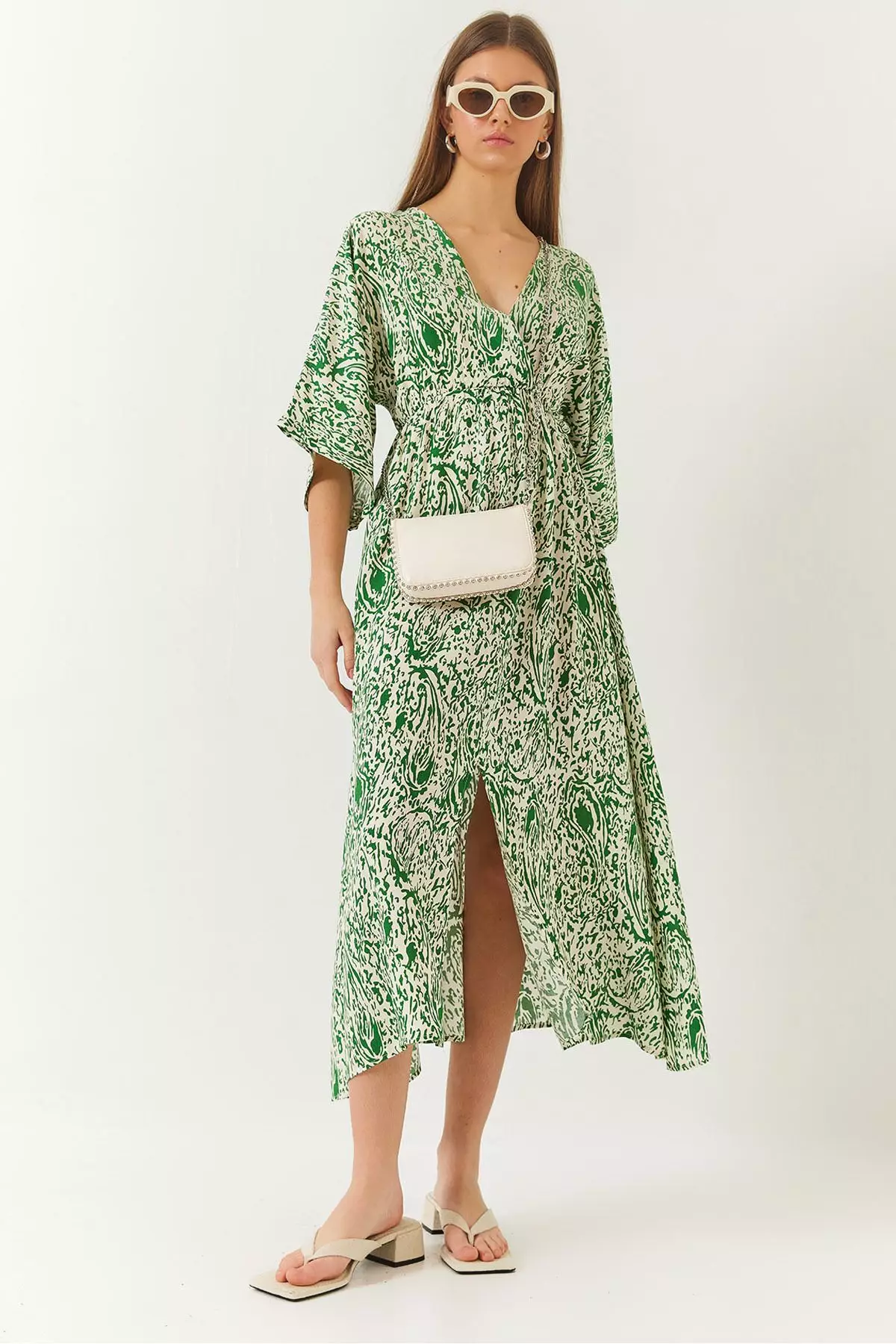 Women's Double Breasted V Neck Front Slit Detail Print Dress 60261411