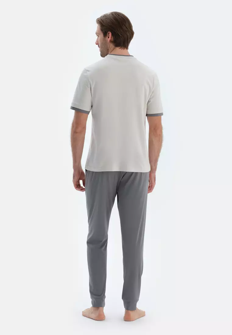 Light Grey T-Shirt & Trousers, Slogan, Crew Neck, Regular, Long Leg, Short Sleeve Sleepwear for Men