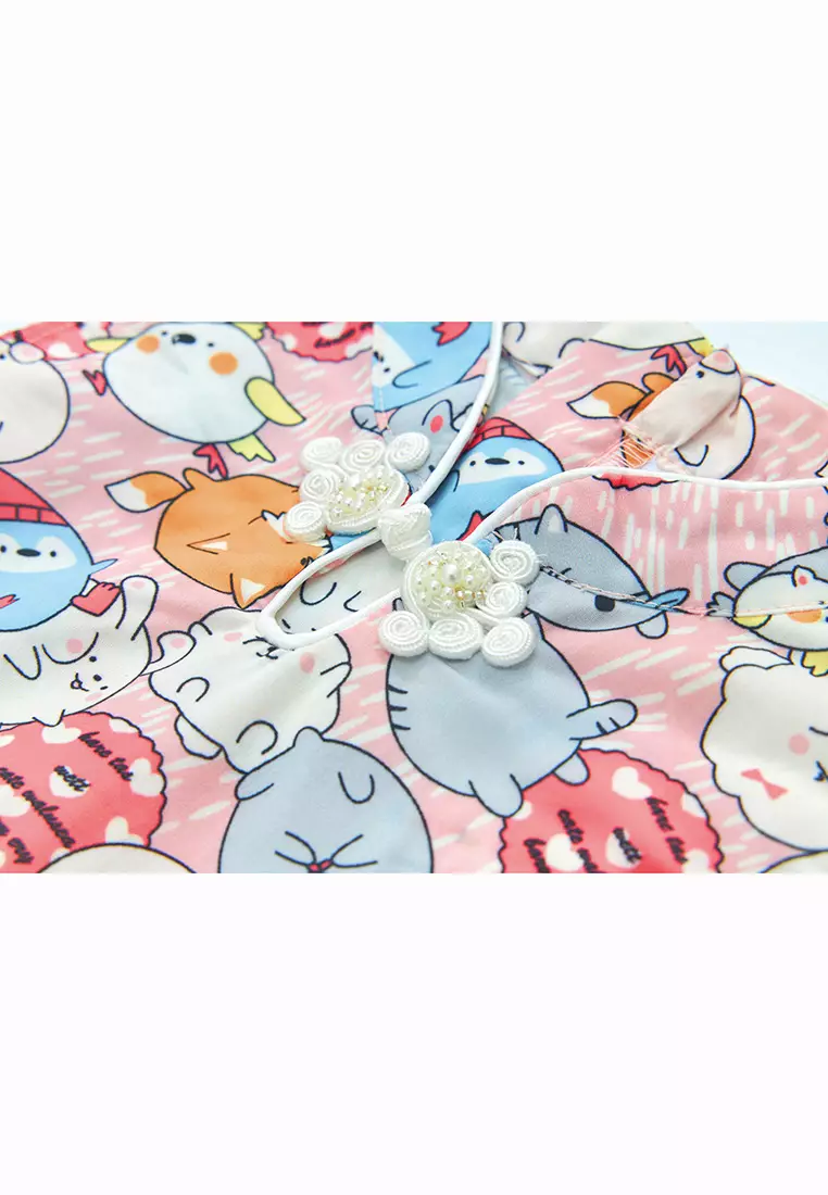 Purrfect Family Paws Baby Kids Girl Sleeveless Pink Cats Voile Cheongsam Dress Family Wear 0814