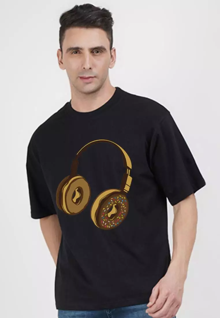 Oversized Headfone Dounut Black Cotton Short Sleeve Relaxed Tee