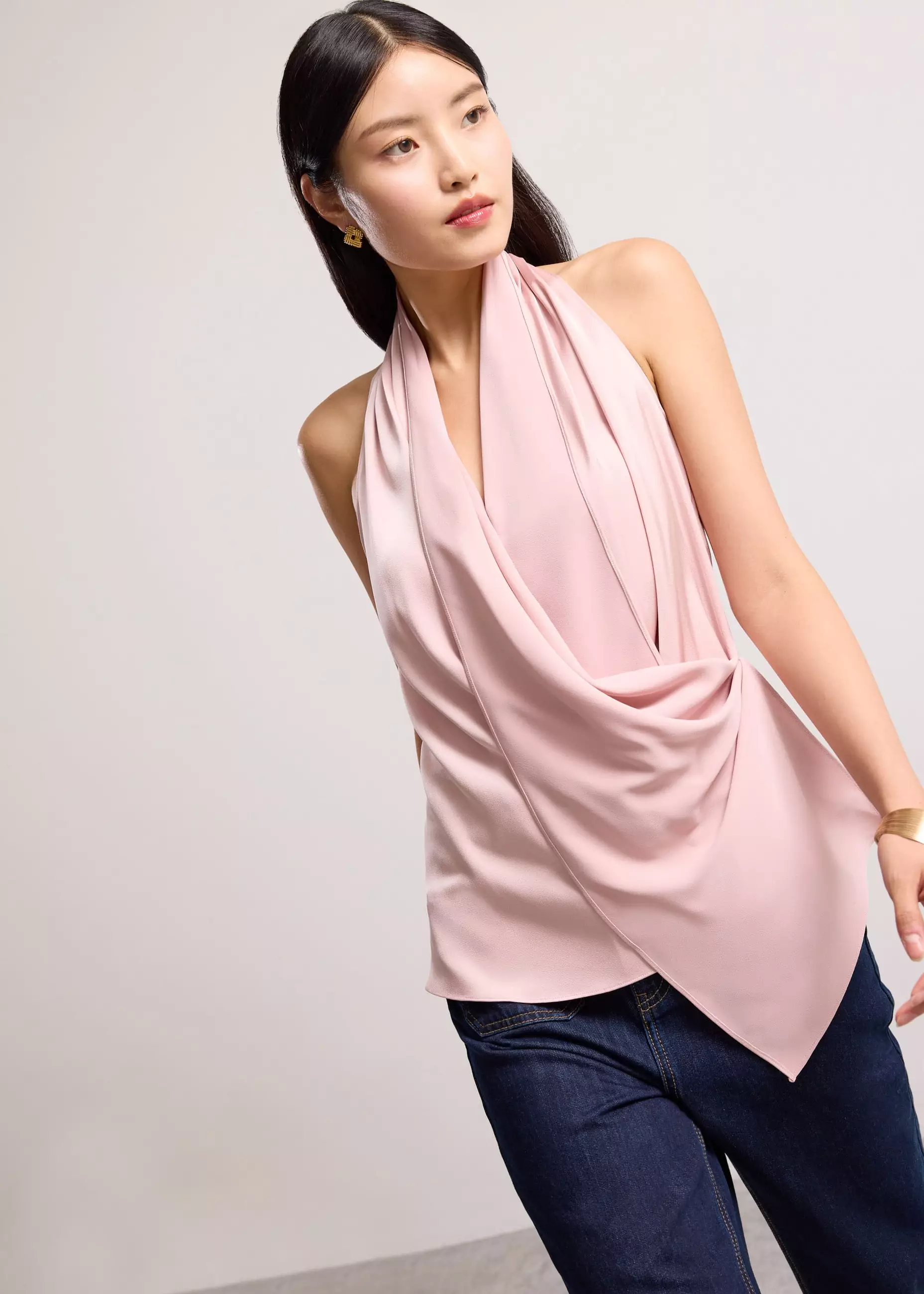 Atasan Wanita - Satin Cowl Neck Halter Fitted Top