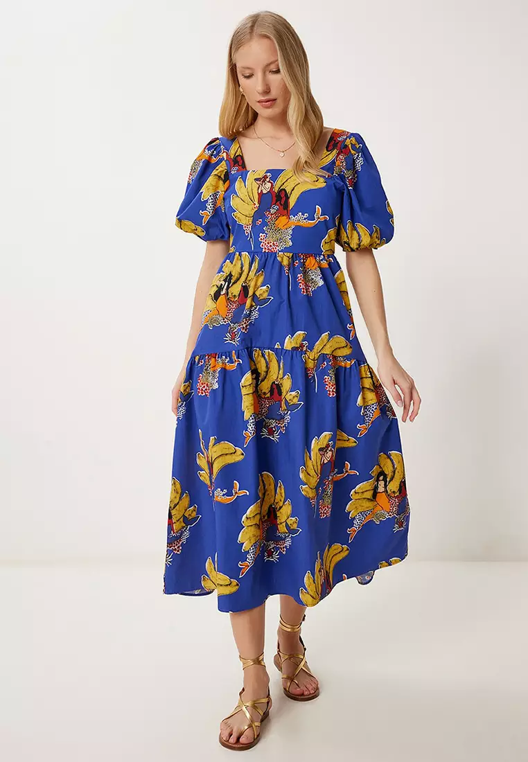 Women's Purple Yellow Patterned Summer Midi Poplin Dress Fk00017