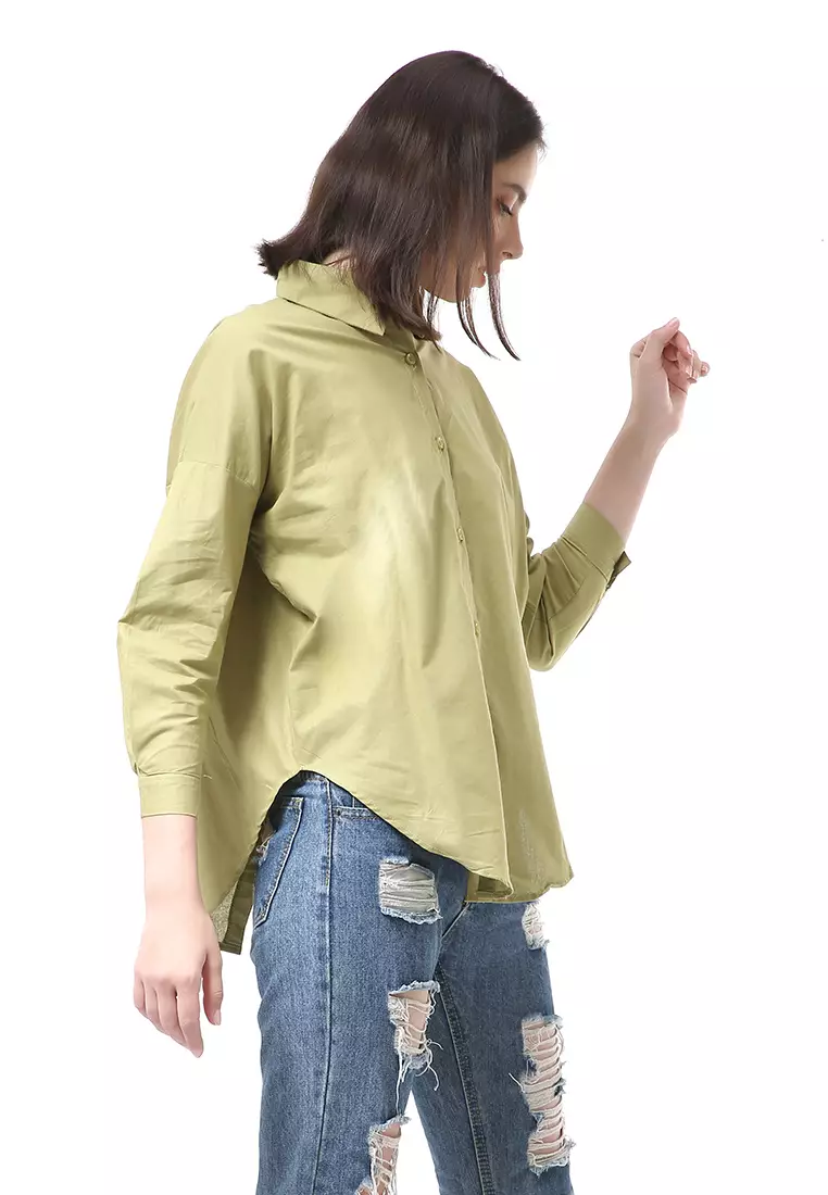 Brielle Atasan Wanita Kemeja Kasual Lengan Panjang Detail Silang Bagian Belakang Material Cotton ORIGINAL - Sage
