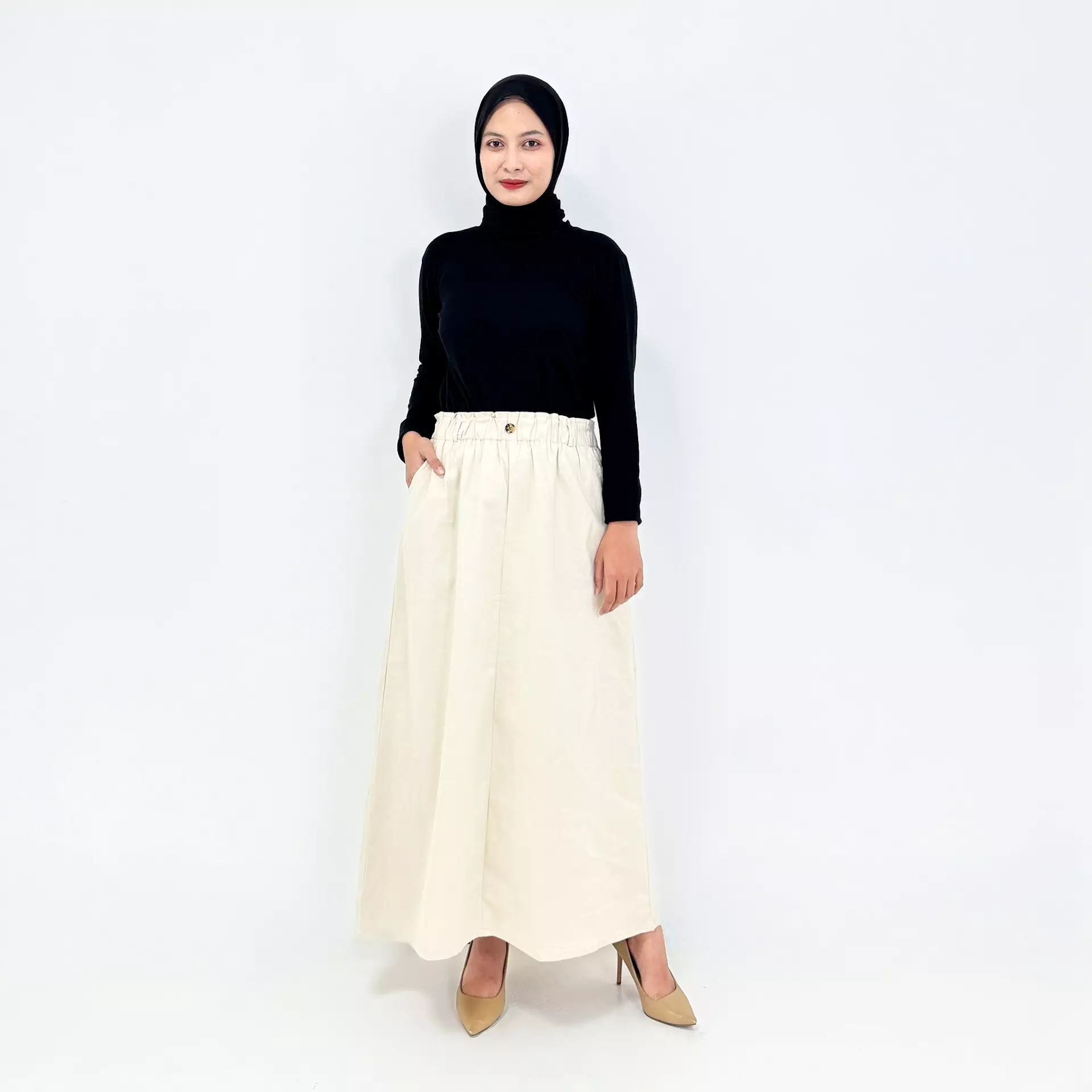 Tita Basic Skirt | Size L-XXL | Rok Panjang Twill Polos Ngantor | Beige