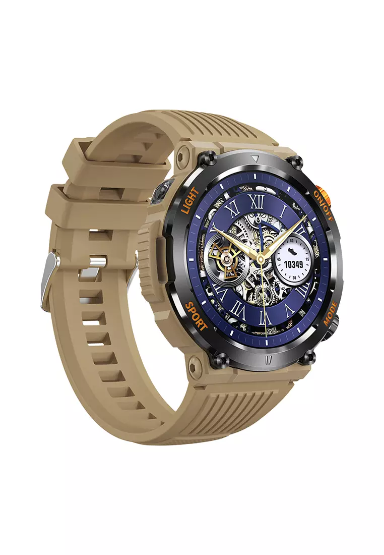 SmartWatch HT17 Anti Air Layar Terang 1.46'' Olahraga Monitor Detak Jantung Music Lampu LED Jam Tangan Pria Khaki dengan tali jam gratis