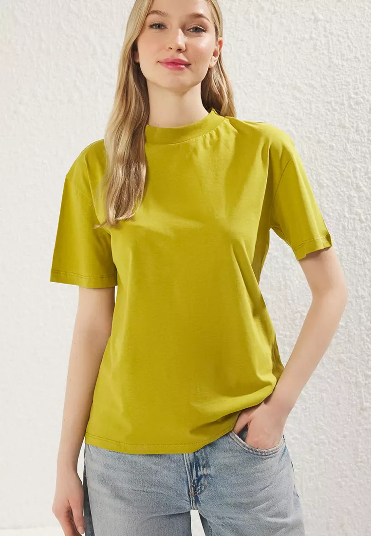 Oil Green-Light Stone 2 Pack Basic Stand Collar Knitted T-Shirt