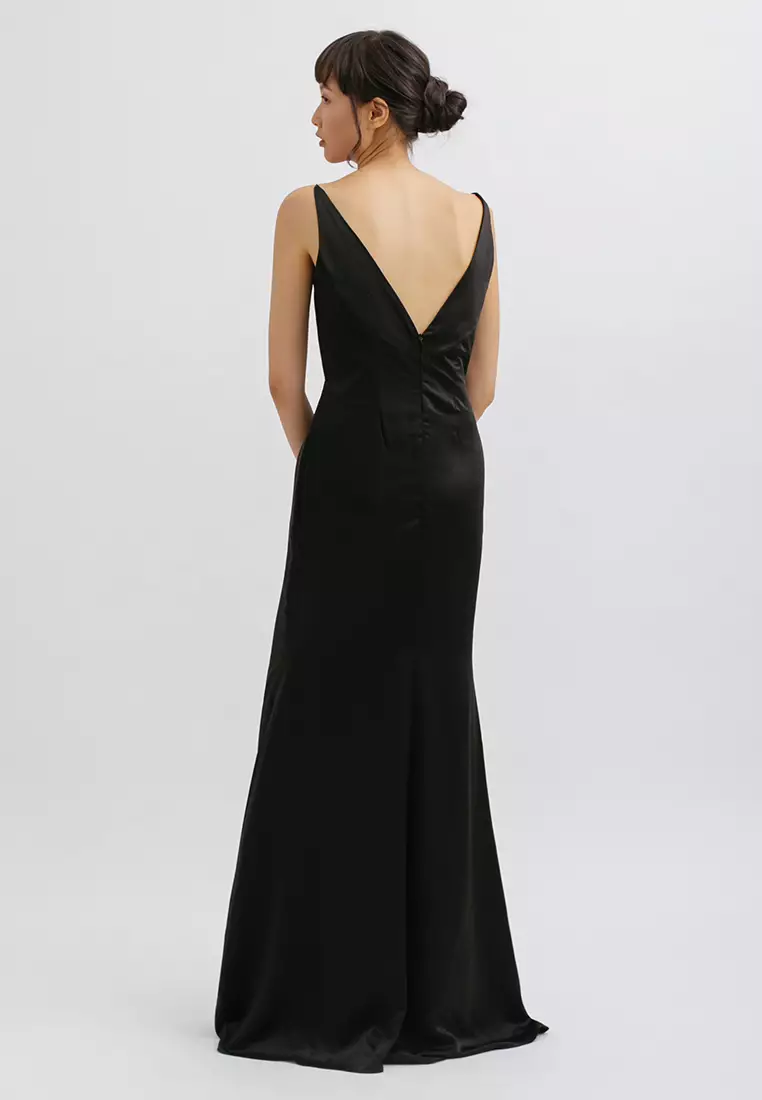 Drapery Neck Backless Maxi Dress in Black