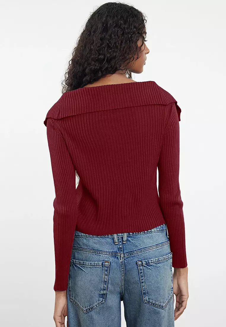 Claret Red Turn-down Collar Knitwear Cardigan TWOAW24HI00284