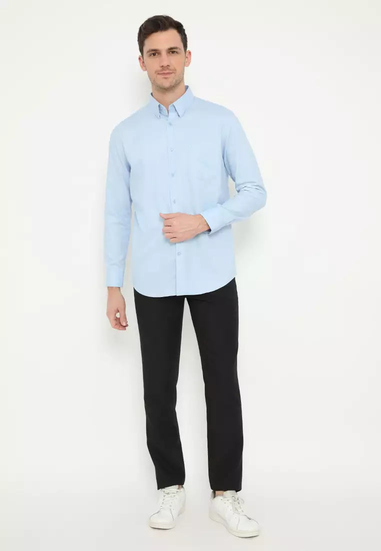 Jobb Brioni Kemeja Pria Lengan Panjang Regular Fit Biru