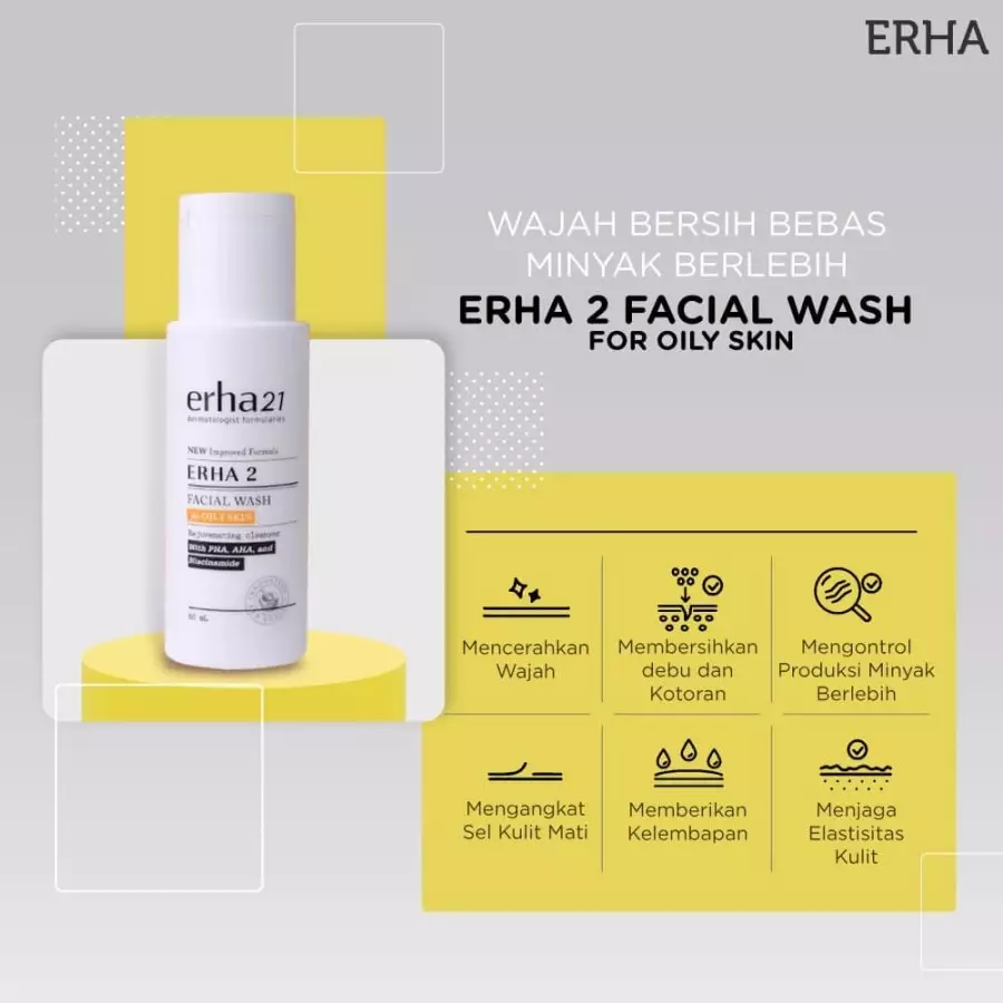 ERHA 2 Facial Wash For Oily Skin With Aha, Dmae & Witch Hazel Extract 60Ml - Sabun Wajah