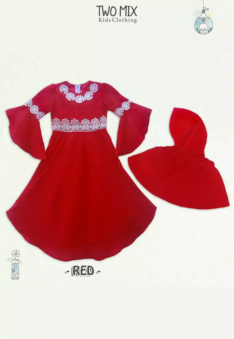 Two Mix - Gamis Anak Perempuan - Baju Dress Muslim Anak Perempuan 1-8 Tahun Y847 Merah