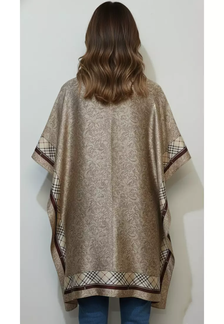 Aksesoris Wanita Roses Checks Border  Print Outer Syal Wanita Beige