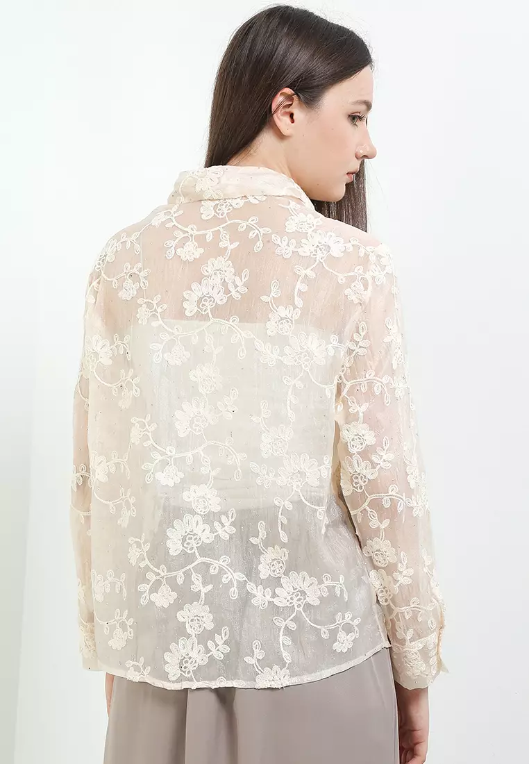 L/S Flo Emb Sheer Shirt W/ Studs