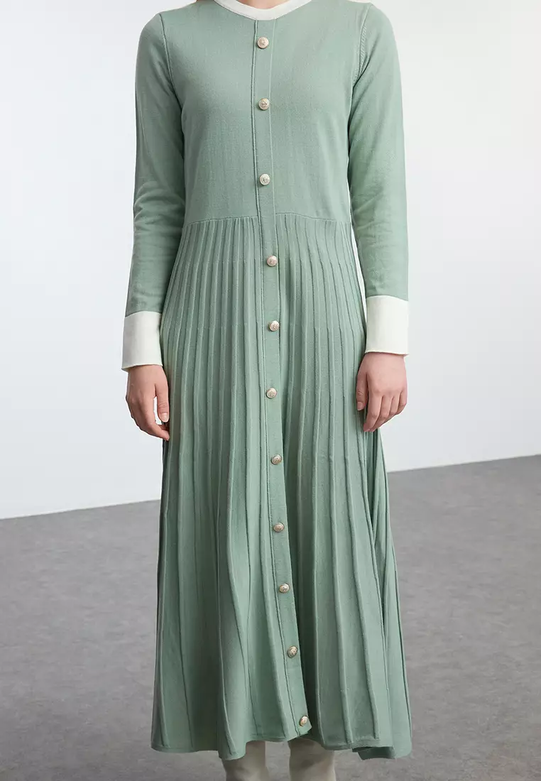 Color Blocked Mint Pleated Knitwear Dress - Tctaw25Eb00092