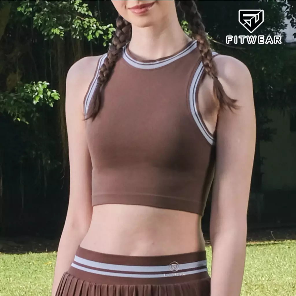 Fitwear Tanktop Olahraga Padel Wanita MONICA RIB CROP TANKTOP - COFFEE