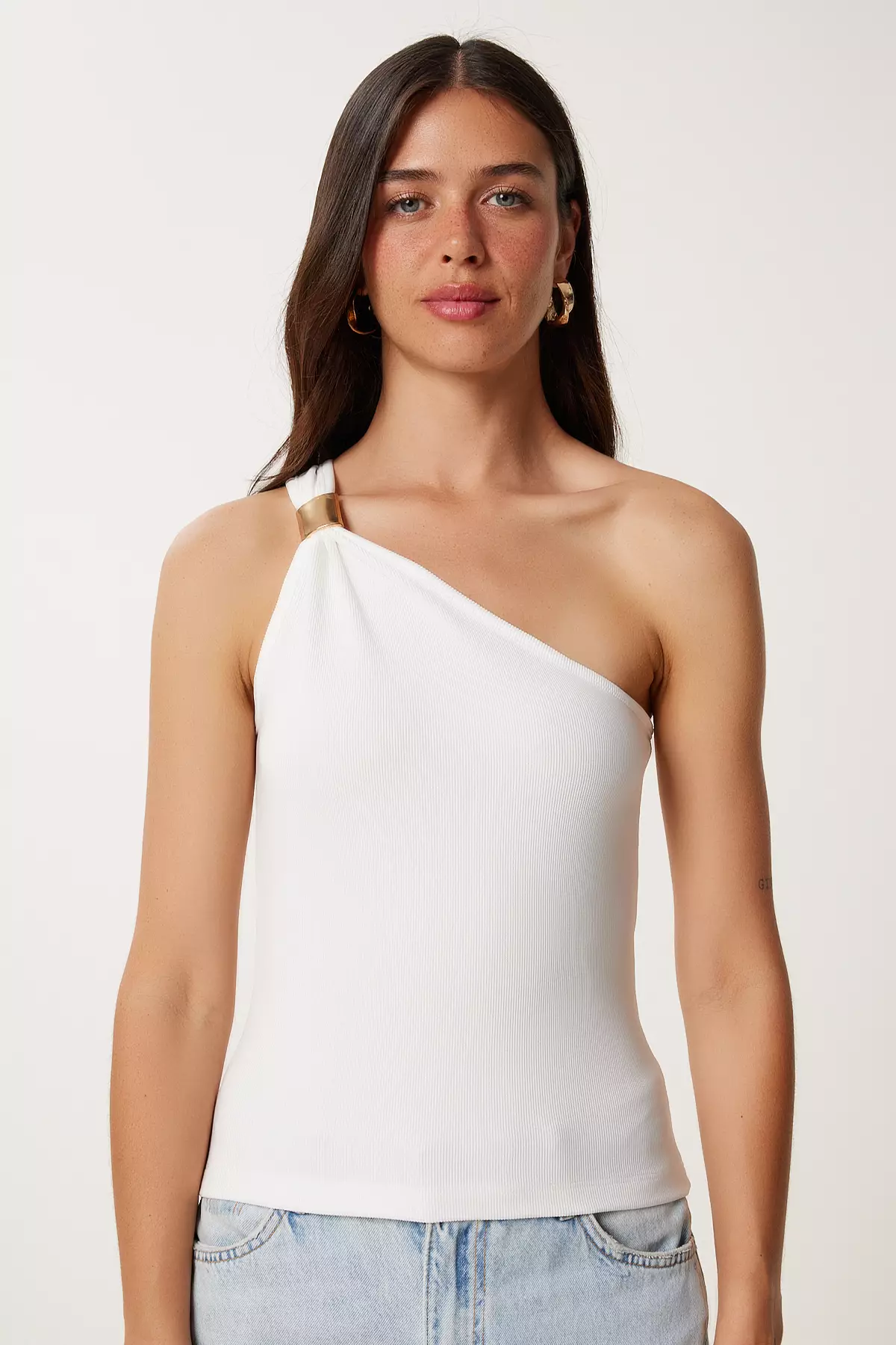 Women's Ecru One Shoulder Ribbed Knitted Blouse Pb00044