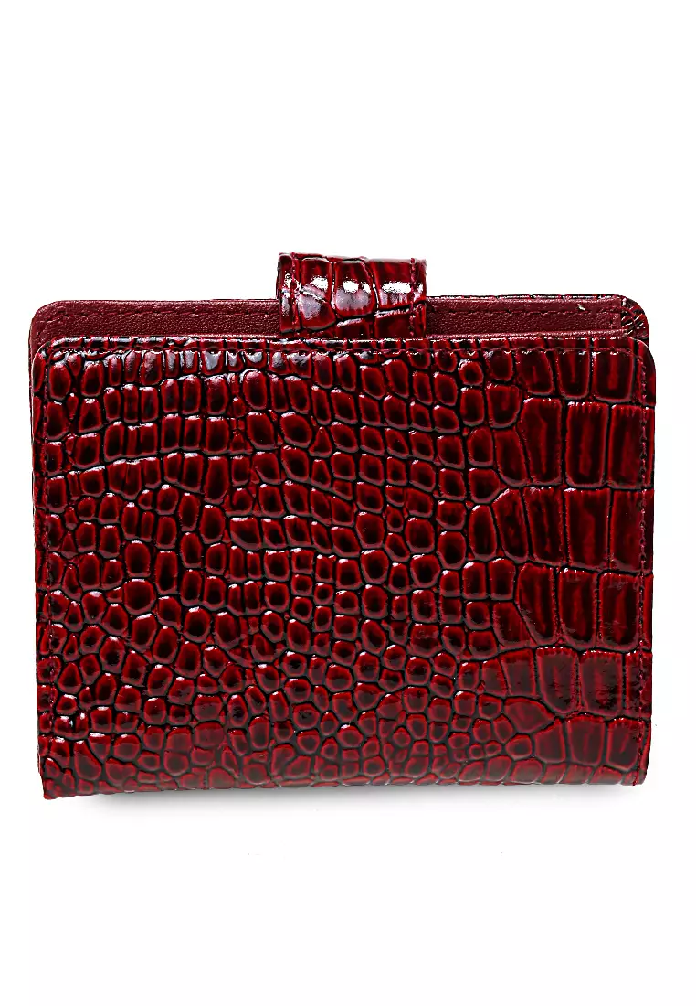 Dompet Kartu Motif Croco Detail Snap Kancing Card Wallet Wanita - Maroon