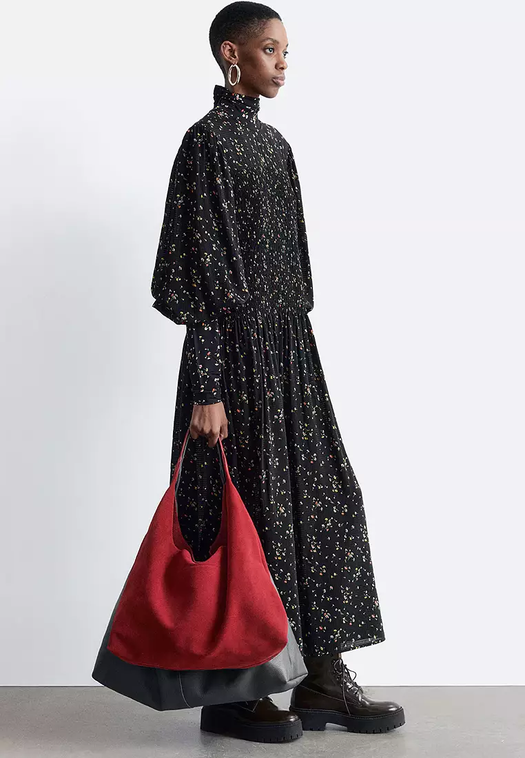 Smocked Balloon-Sleeve Midi Dress