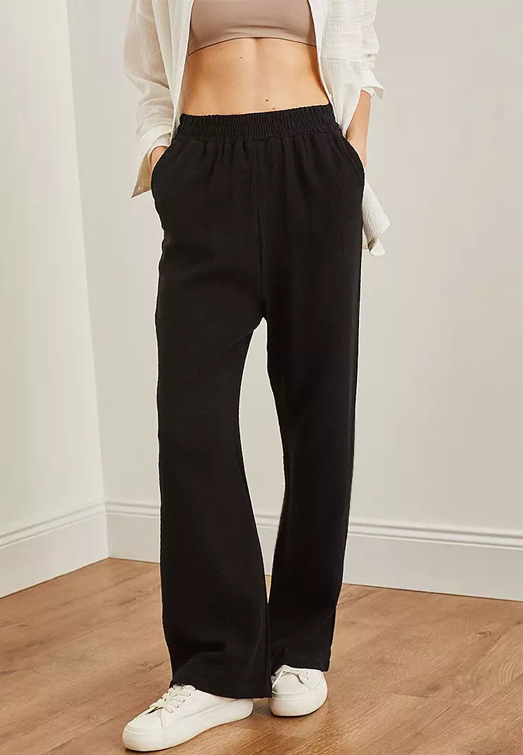 Elastic Waist Pocket Muslin Trousers