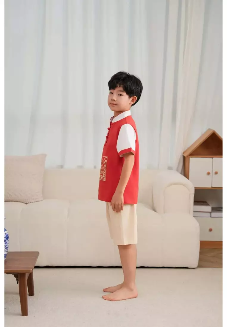 尊貴鳳凰旗袍權力與新生的象徵嬰兒兒童男童唐裝漢服套装上衣短褲春節中國拜年服0837