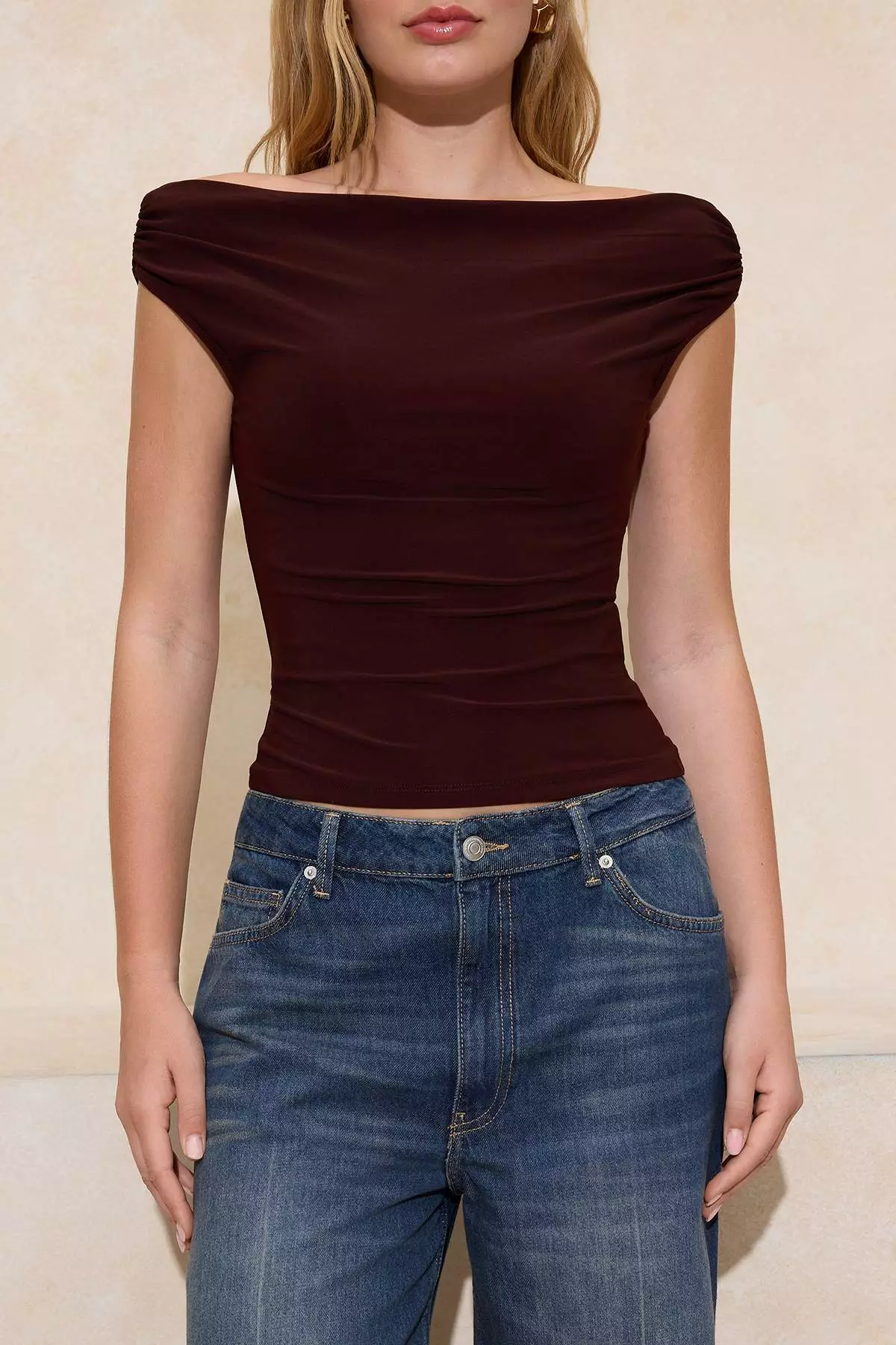 Brown Fitted/Bodycon Boat Neck Sleeveless Stretchy Knitted Blouse Twoss26Bz82