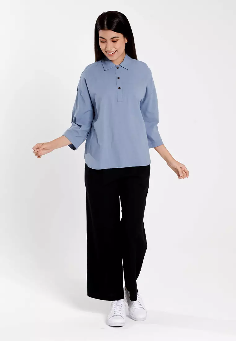 Forest Ladies Cotton Linen 3/4 Sleeve Collar Blouse Women Shirt | Baju Kemeja Perempuan Lengan Panjang - 822474-38DustyBlue