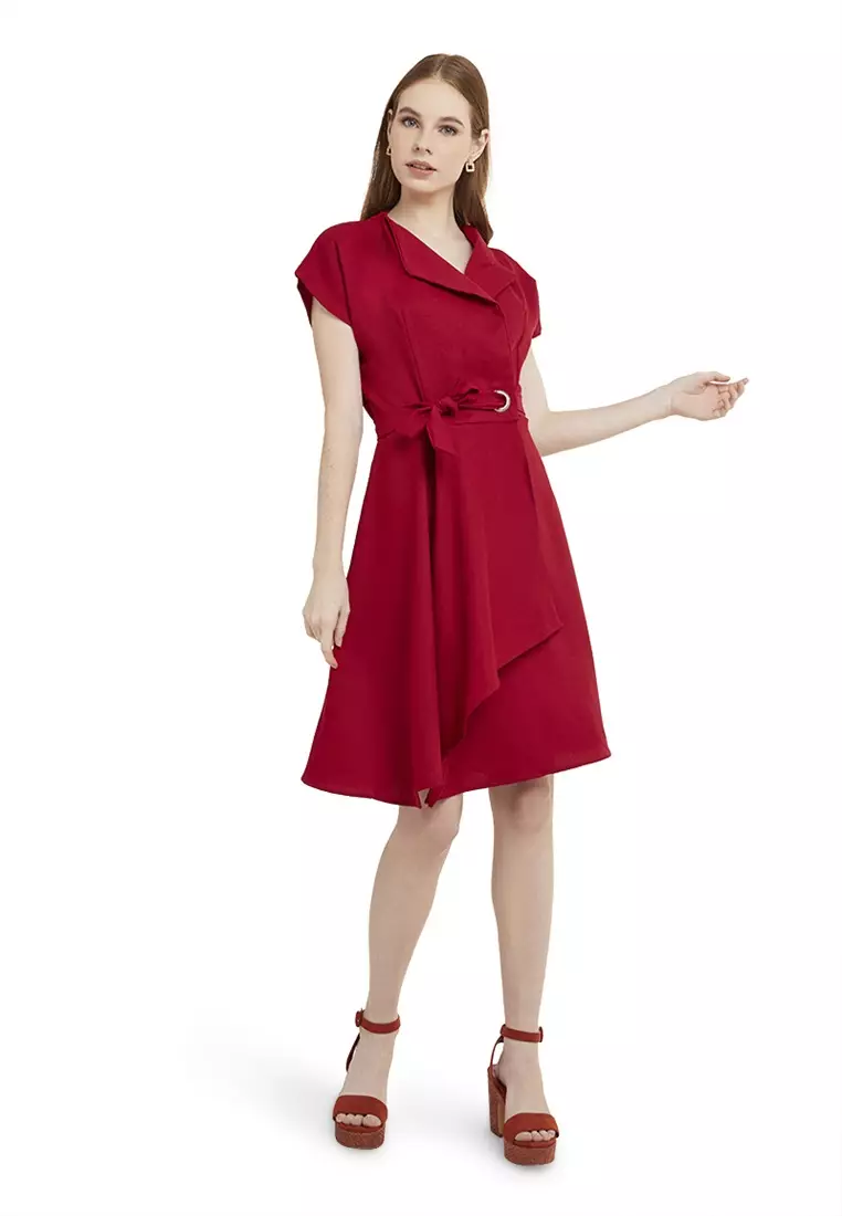 Mini Dress Kasual Lengan Pendek Collar Neckline Baju Wanita Regular Fit - Maroon