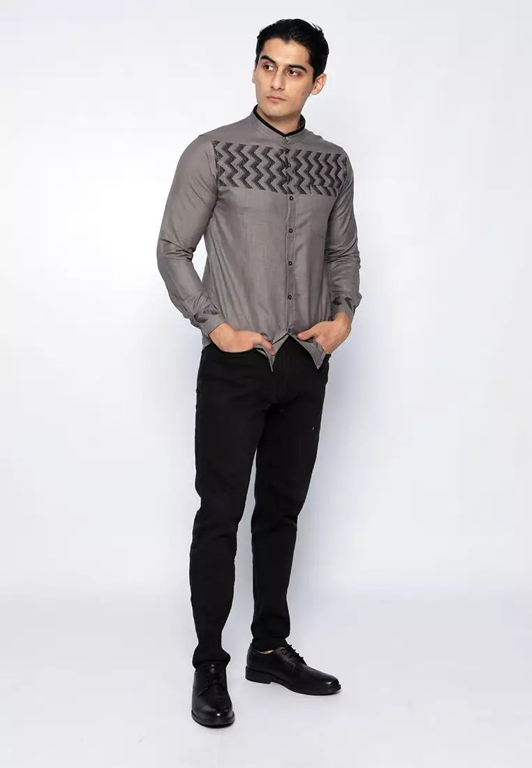 Casella Baju Koko Pria Lengan Panjang Horizontal Design | Koko Lengan Panjang Hadid 9915 Grey