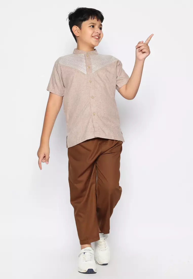Baju Koko Anak Laki Bordir Arrow Brown Setelan - FOREVER