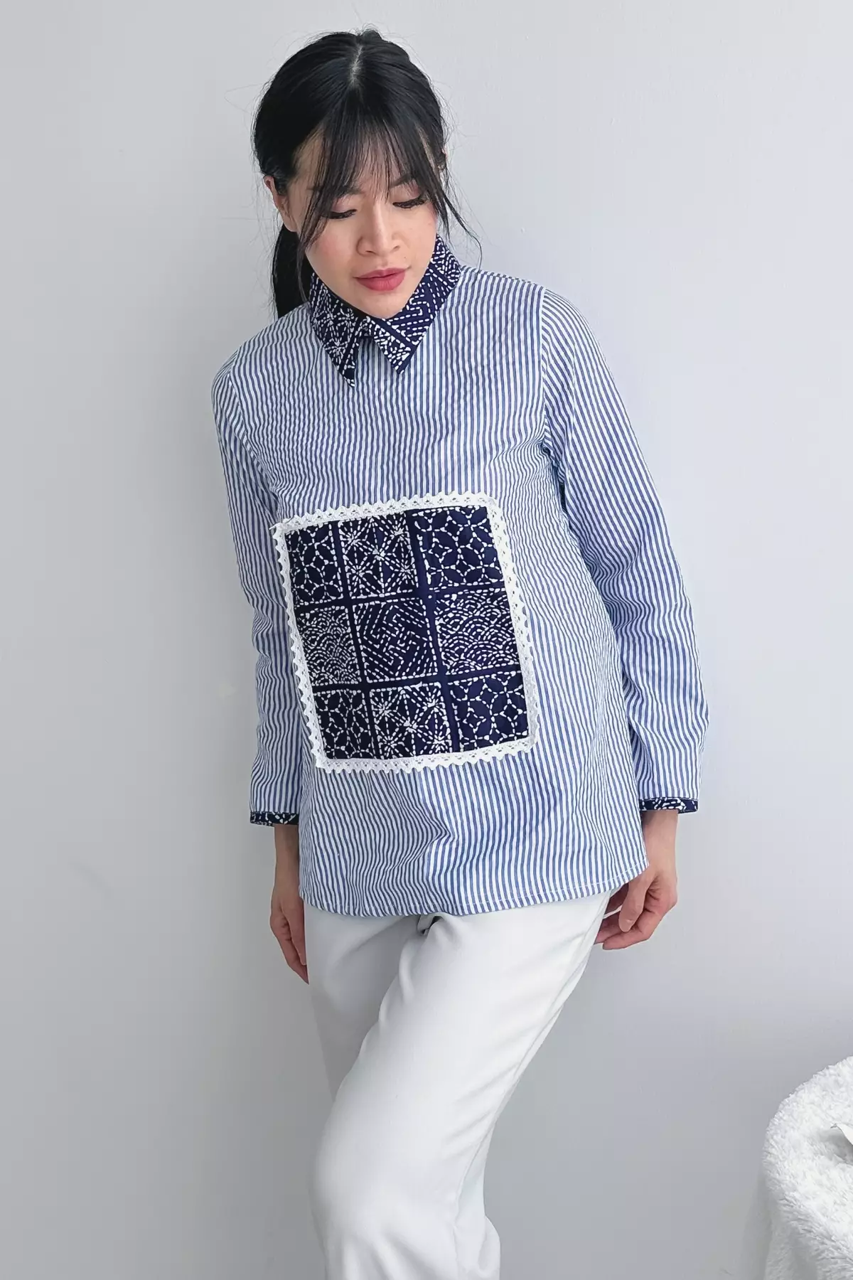 Ayuningrum Sashiko Stripes Biru Blouse