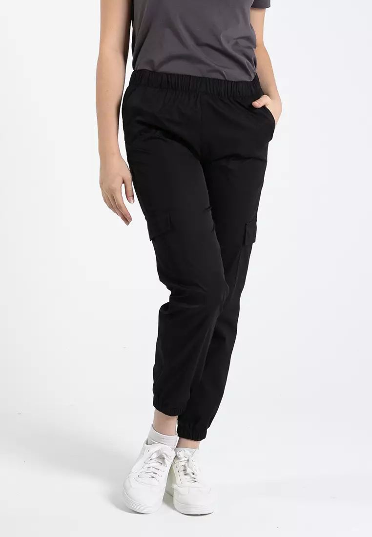 Forest Ladies Polyester Elastic Waisted Cargo Pants Women Casual Jogger Long Pants - 810494-01Black