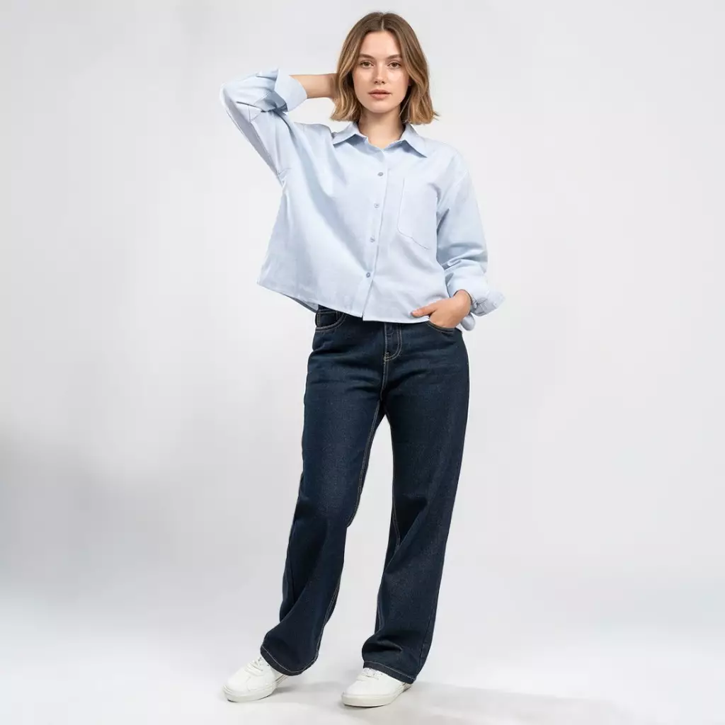 C2 Kerpen Blue Kemeja Oversize Crop - Boxy Shirt Wanita