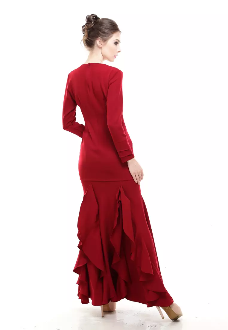 Zerra Kurung Modern Ruffle Skirt in Red Maroon