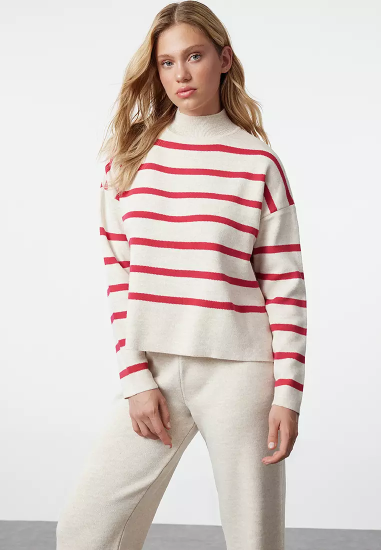 Stone Striped Knitwear Top and Bottom Set with Trousers TWOAW24AU00045