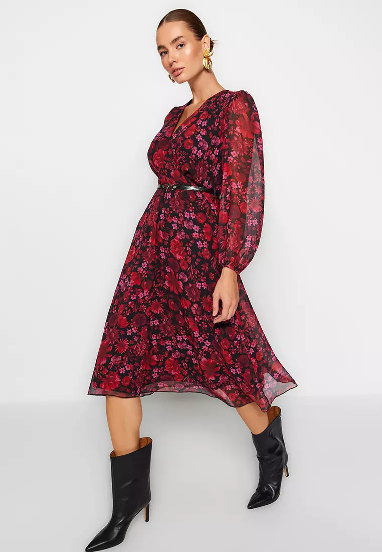 Patterned Chiffon Midi Dress