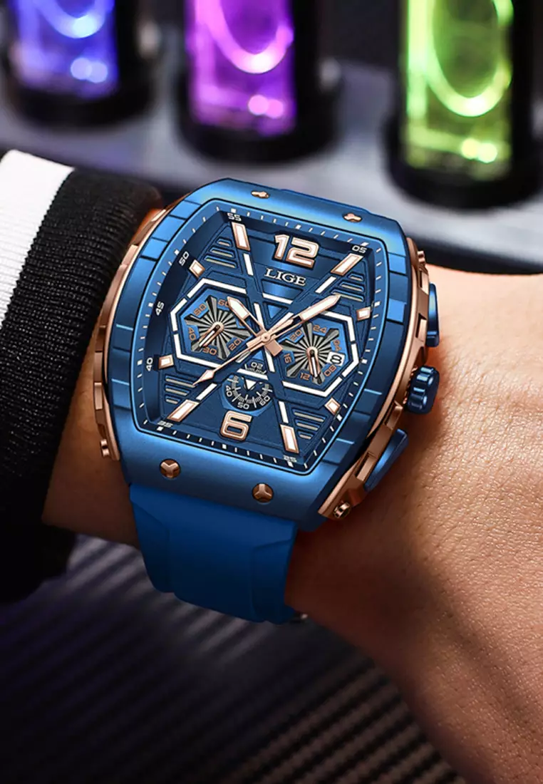 Unisex Tonneau Shaped IP Blue & Rose Gold Color Quartz Watch, Rubber Strap