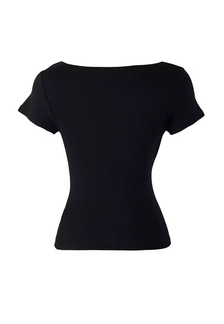 Black Gathered/Draped Detail Fitted Knitted Blouse TWOSS25BZ00278