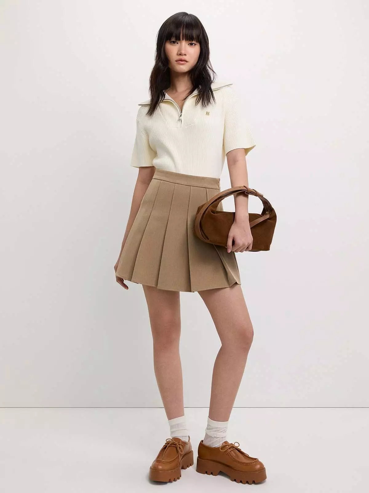 Zip-Up Ribbed Polo Top - Ivory