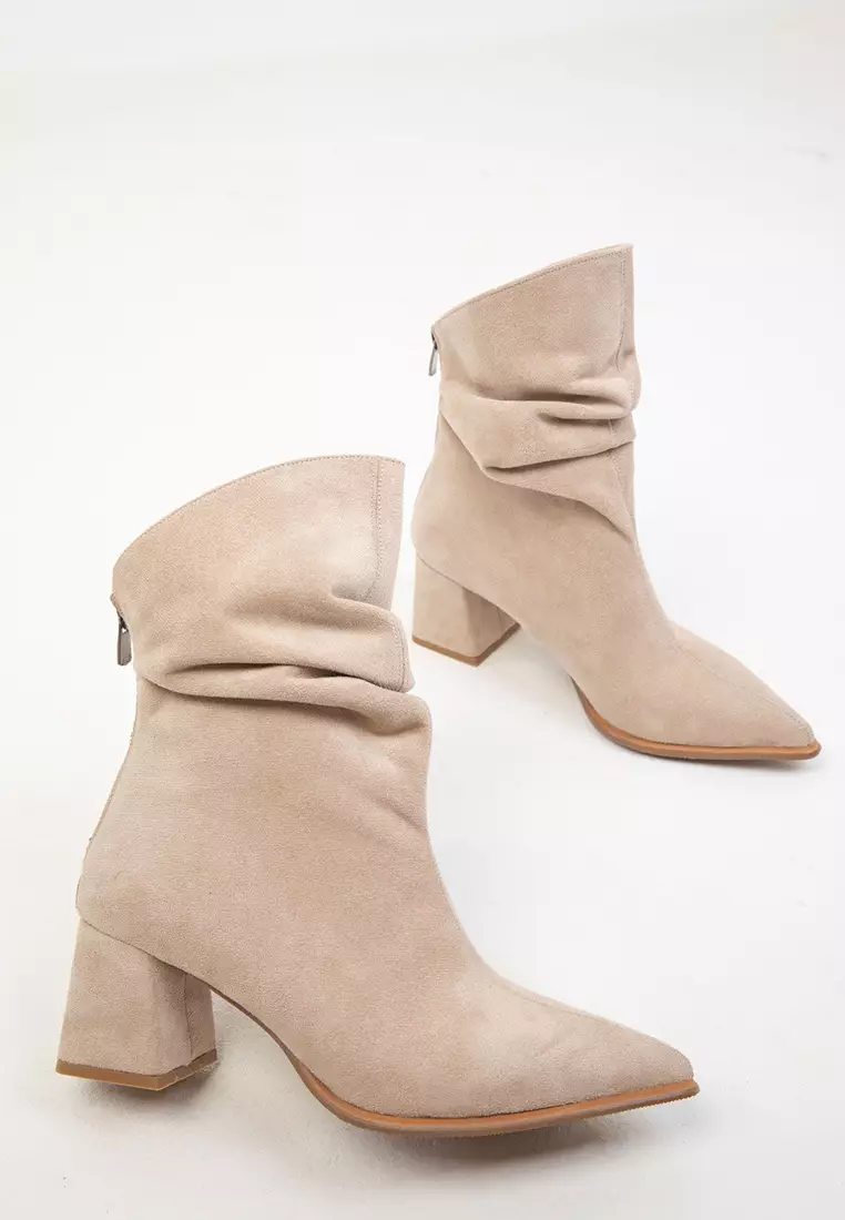 Ruched Pointed Toe Heeled Ankle Boots