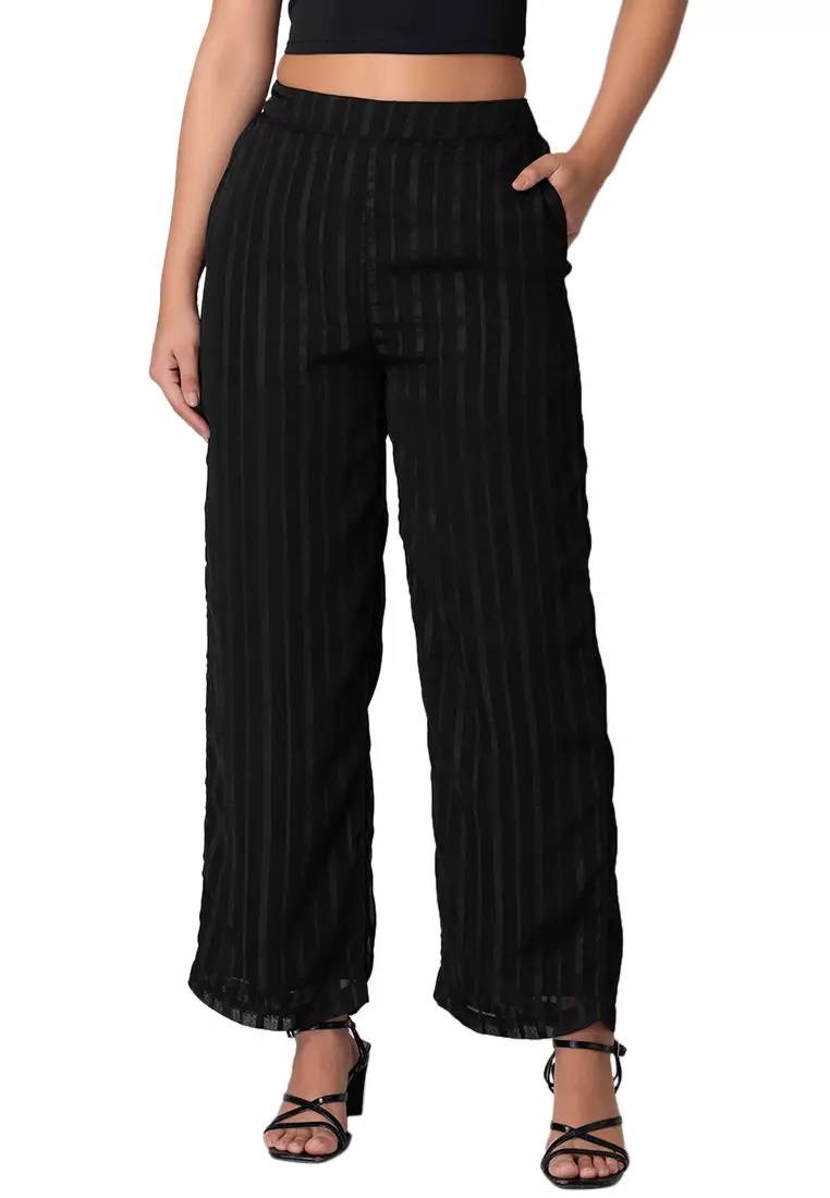 FabAlley Black Elasticated Waist Wide Legged Trousers