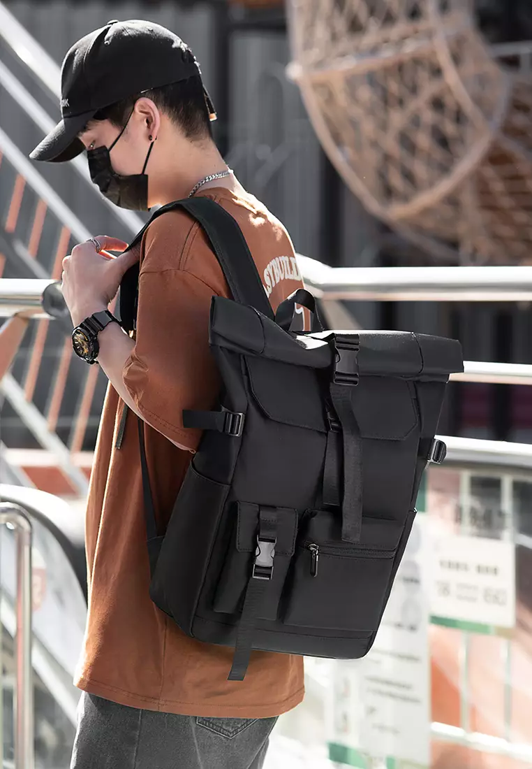 Men's Plain Capacious Wear-resistant Oxford Cloth Buckle Backpack - Black