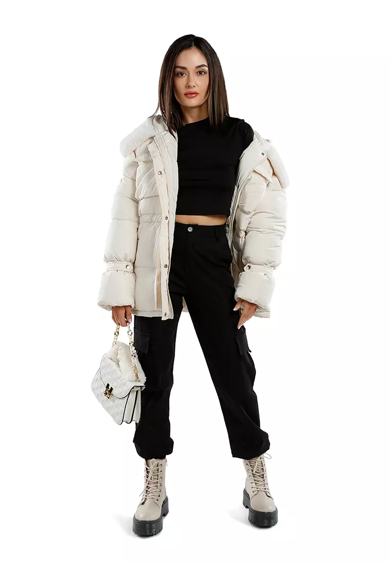 Cream Long Puffer Jacket Hoodie