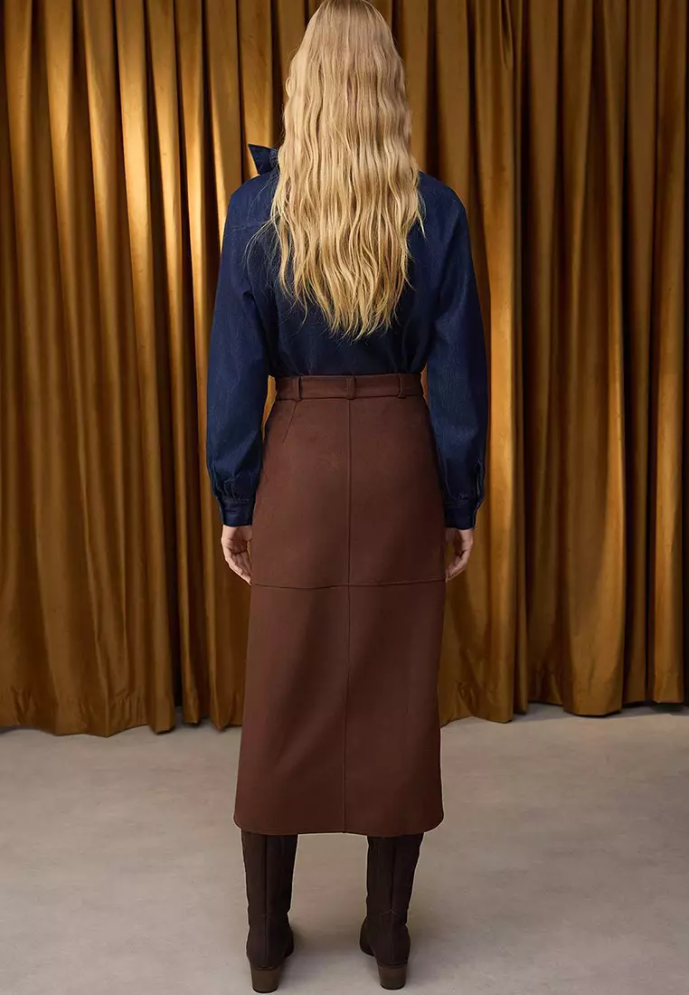 Brown Suede Buttoned Zippered A-Line/Flare Maxi Knit Skirt Twoaw26Et00010