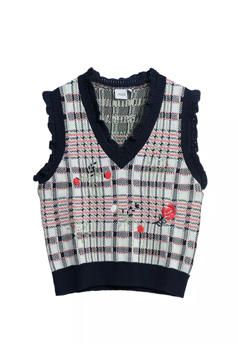 Checkered Knit Vest With Floral Embroidery