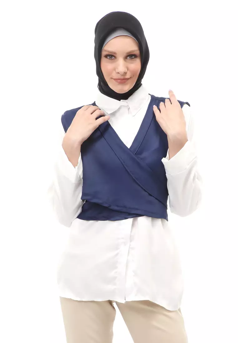 Atasan Blouse Long Sleeve Wanita Muslimah Motif Polos Regular Fit - Navy