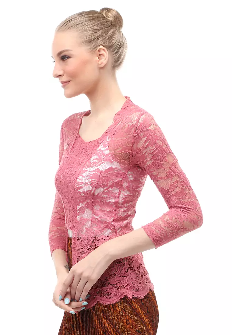 Hara Kebaya Seri 2 Motif Brokat Long Sleeves Atasan Wanita Transparan Premium Quality - Dusty Pink