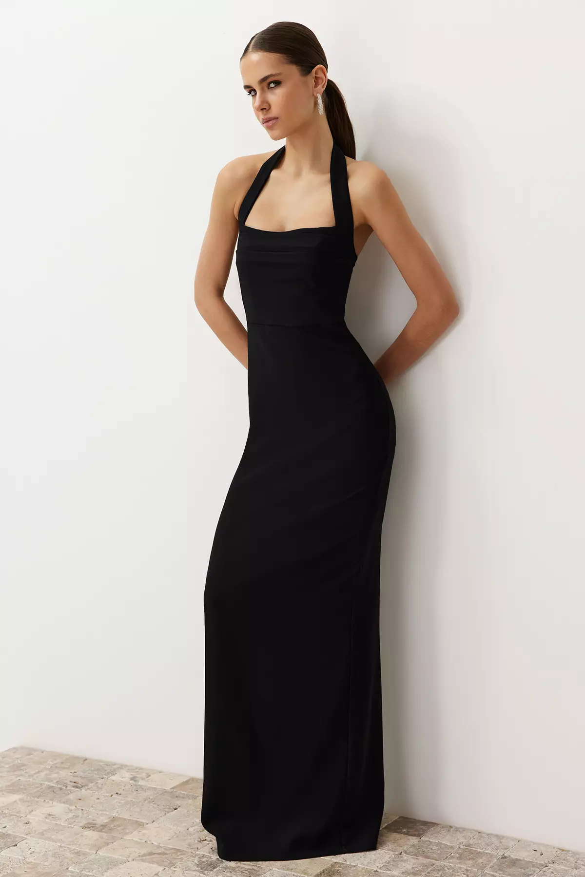 Black Bodycon Cowl Neck Woven Long Elegant Evening Dress