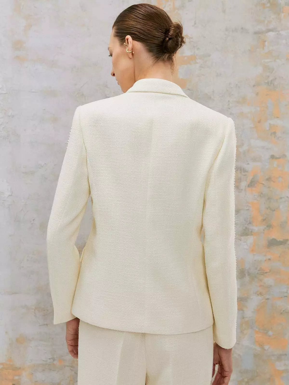 Pearl Embellished Detail Tweed Blazer  - Cream