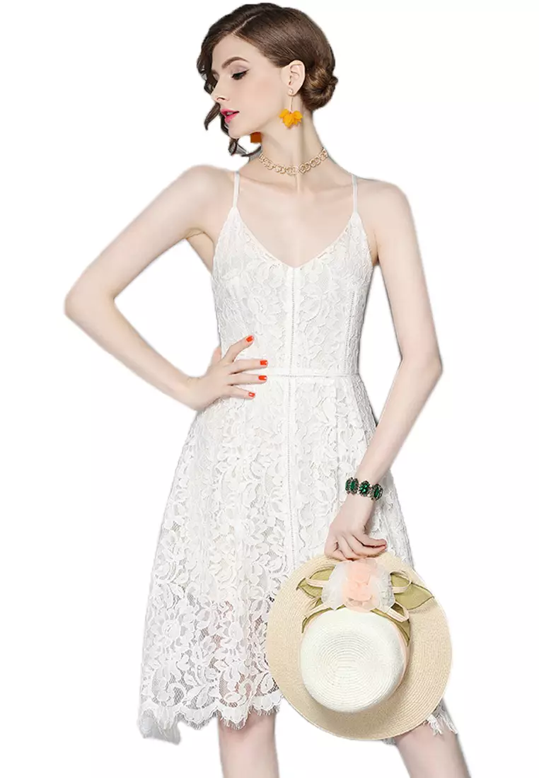 Summer New White V  Neck Lace One  Piece Dress CA062891W-NEW